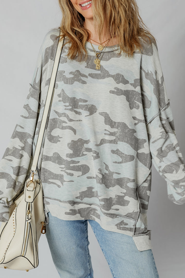 Retro Camouflage Print Exposed Seam Patchwork Drop Shoulder Sweatshirt