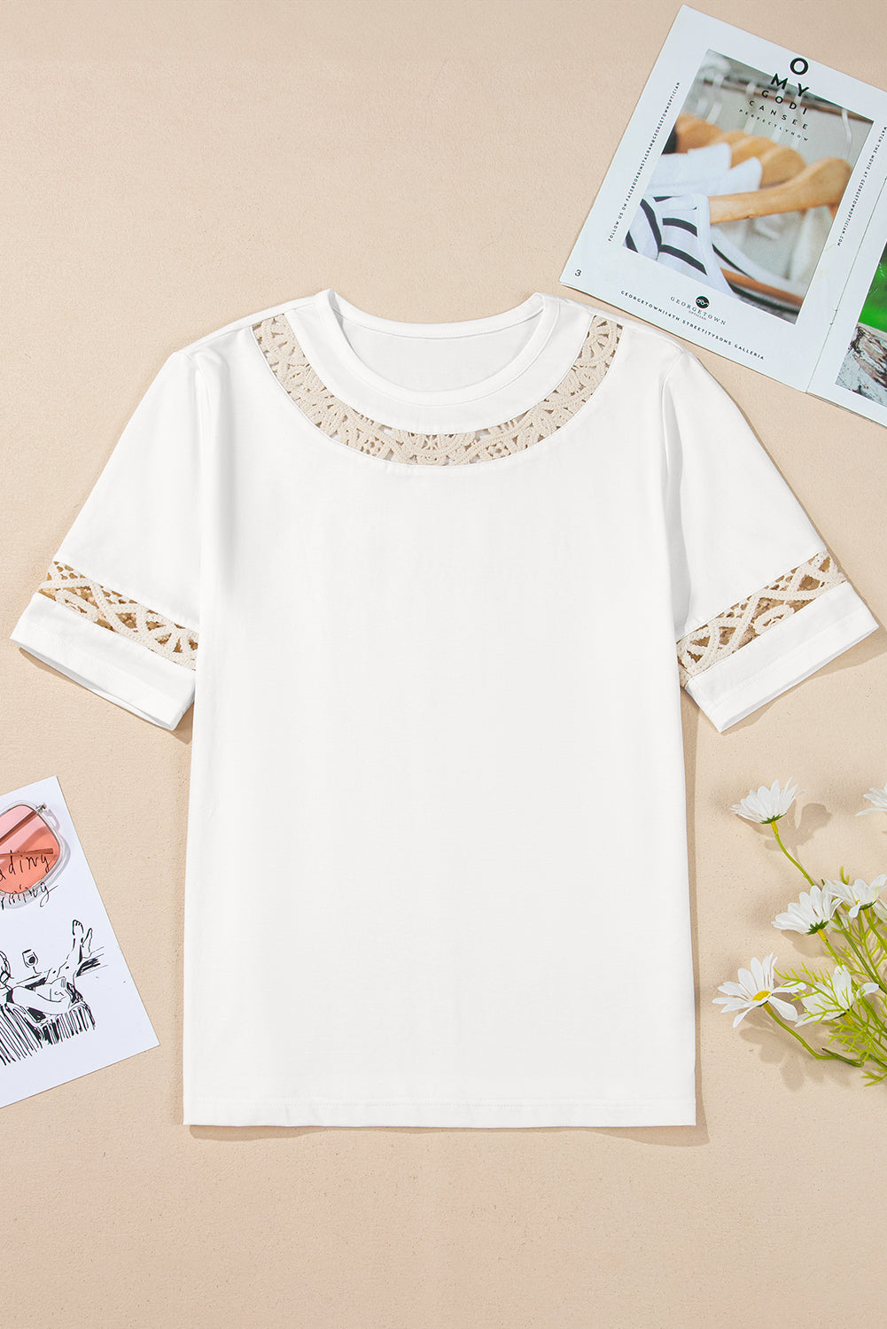Lace Crochet Crew Neck Casual T Shirt