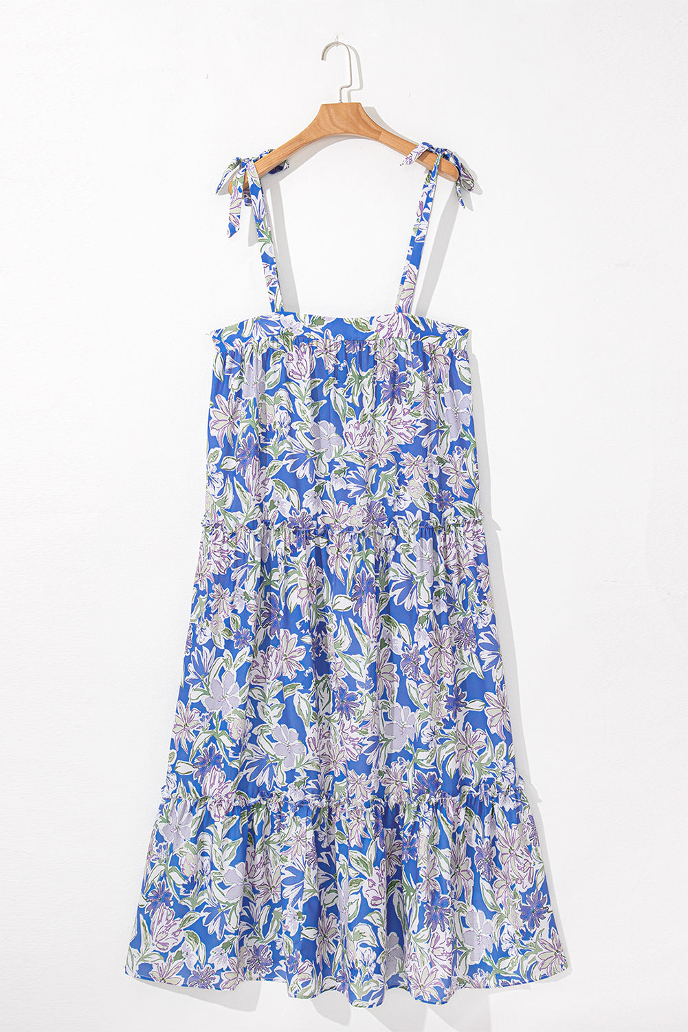 floral print self tie straps flowy ruffle long dress