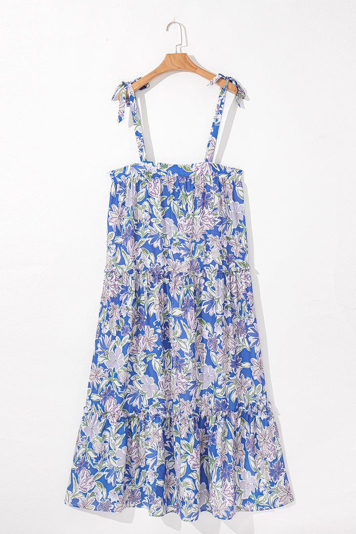 floral print self tie straps flowy ruffle long dress