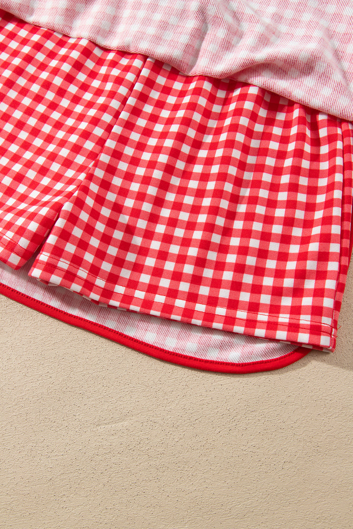 Red Gingham Oversized Ribbed Trim Crew Neck Long Sleeve Top and Skort Set