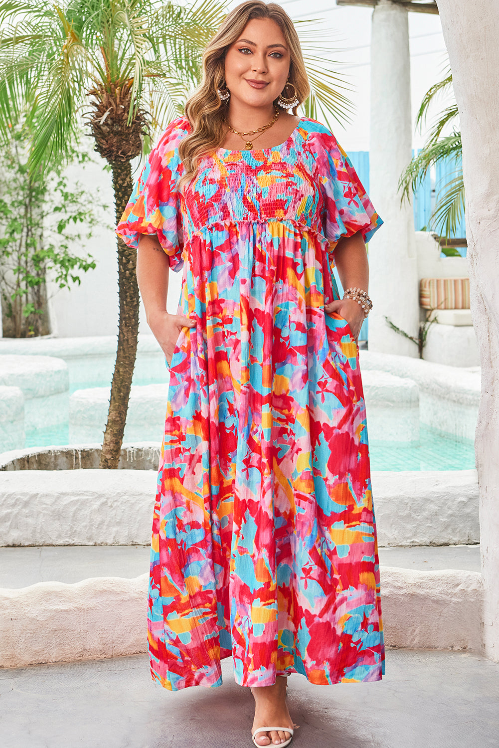 Rose Abstract Printed Square Neck Smocked Bust Tied Back Plus Size Dress