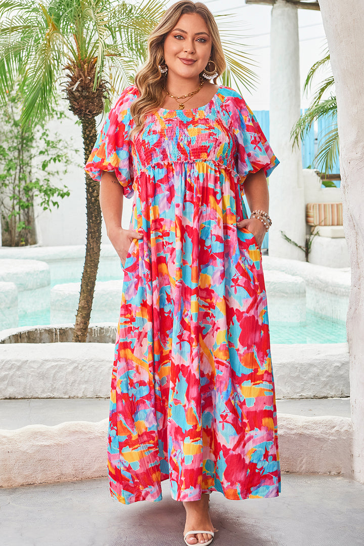 Rose Abstract Printed Square Neck Smocked Bust Tied Back Plus Size Dress