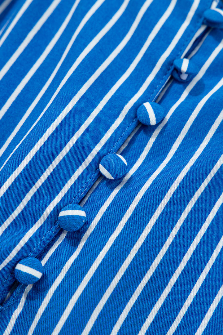Blue Stripe Ruffled Short Puff Sleeve Button Front Blouse