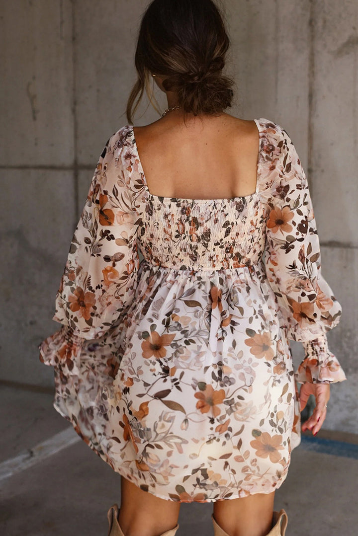 Floral Print Sweetheart Neck Long Sleeve High Waist Mini Dress