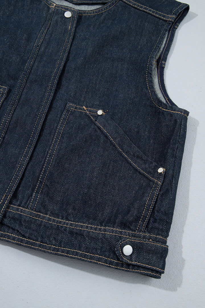 Navy Blue Vintage Denim Zipper Front Cowboy Vest