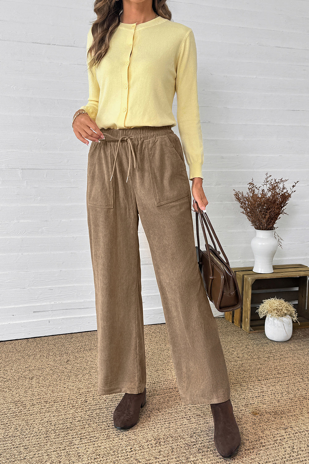 Parchment Tie Elastic Waist Soft Corduroy Pants