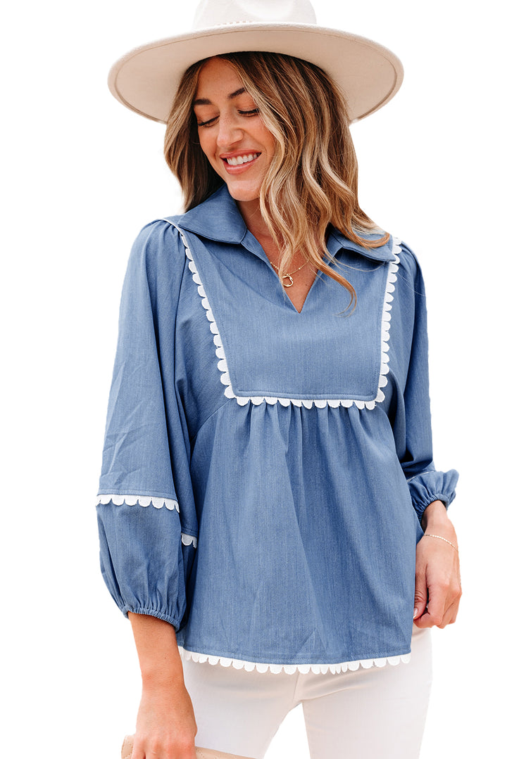 Lace Ric Rac 3/4 Puff Sleeve Collared Babydoll Blouse