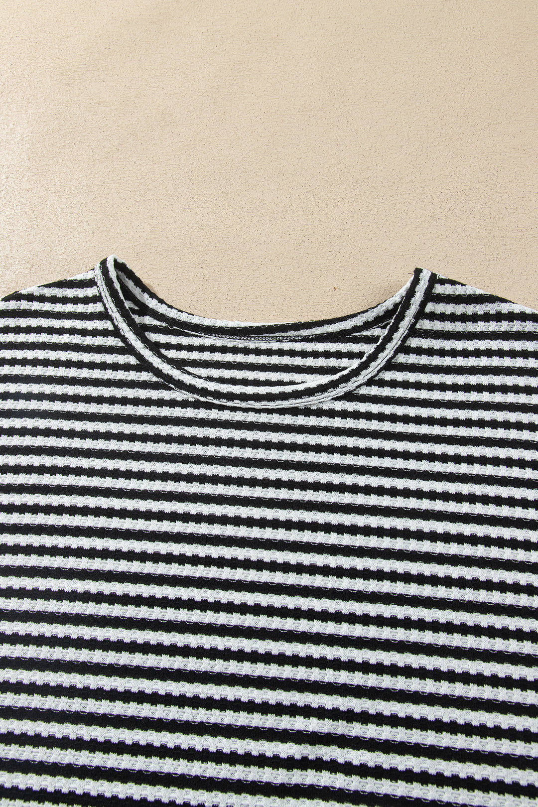 Black Stripe Textured Knit Long Sleeve Top Elastic Waist Shorts Casual Outfit