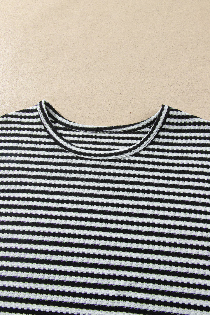 Black Stripe Textured Knit Long Sleeve Top Elastic Waist Shorts Casual Outfit