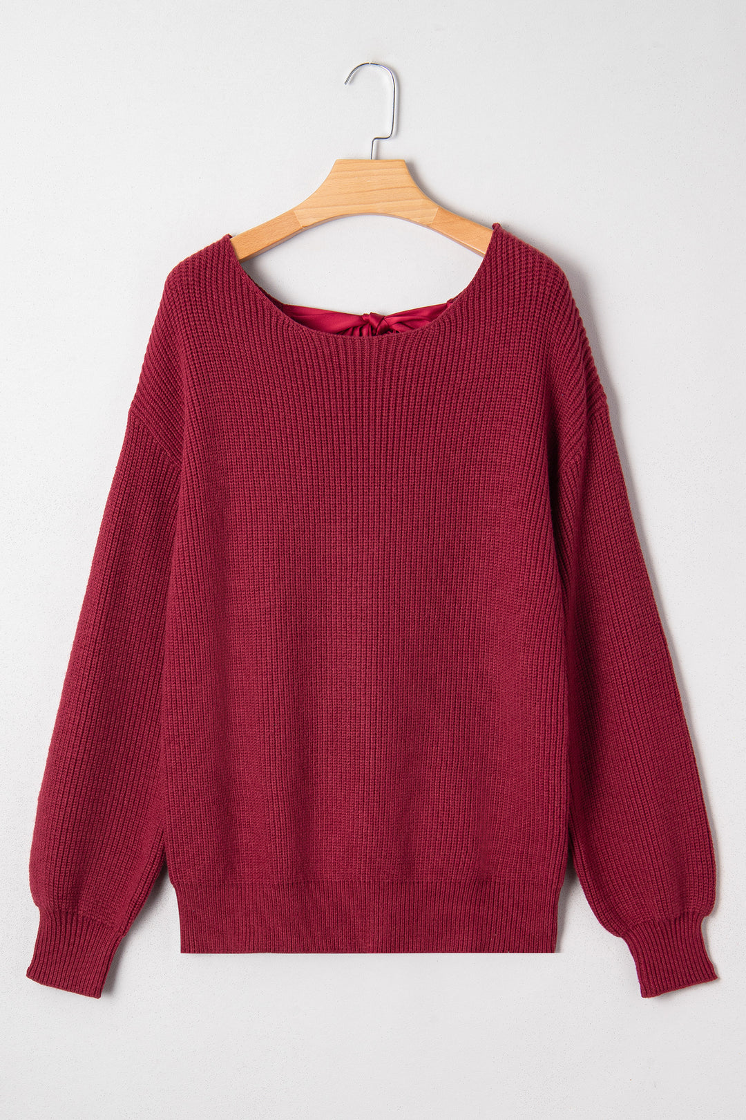 Ribbed Knit Ribbon Knot Backless Drop Shoulder Sweater