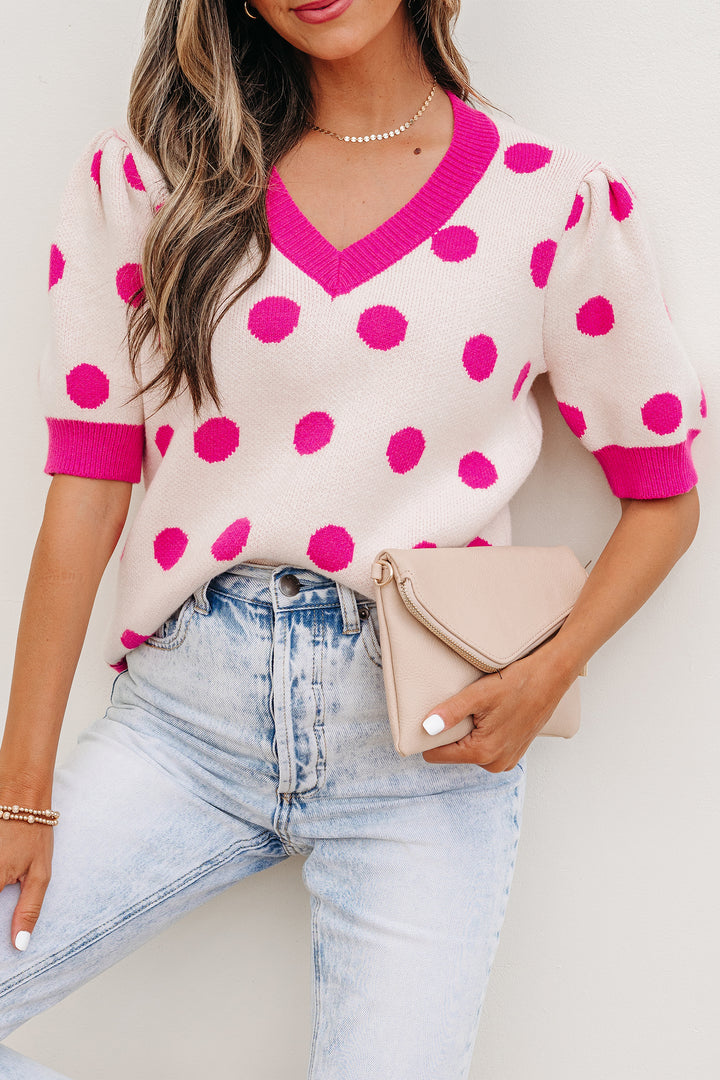 Pink Polka Dot Puff Short Sleeve Sweater Top