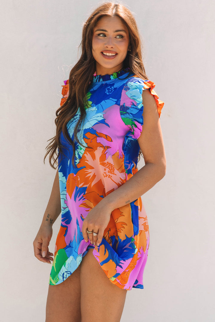 Bold Floral Flutter Sleeve Shift Mini Dress with Pockets