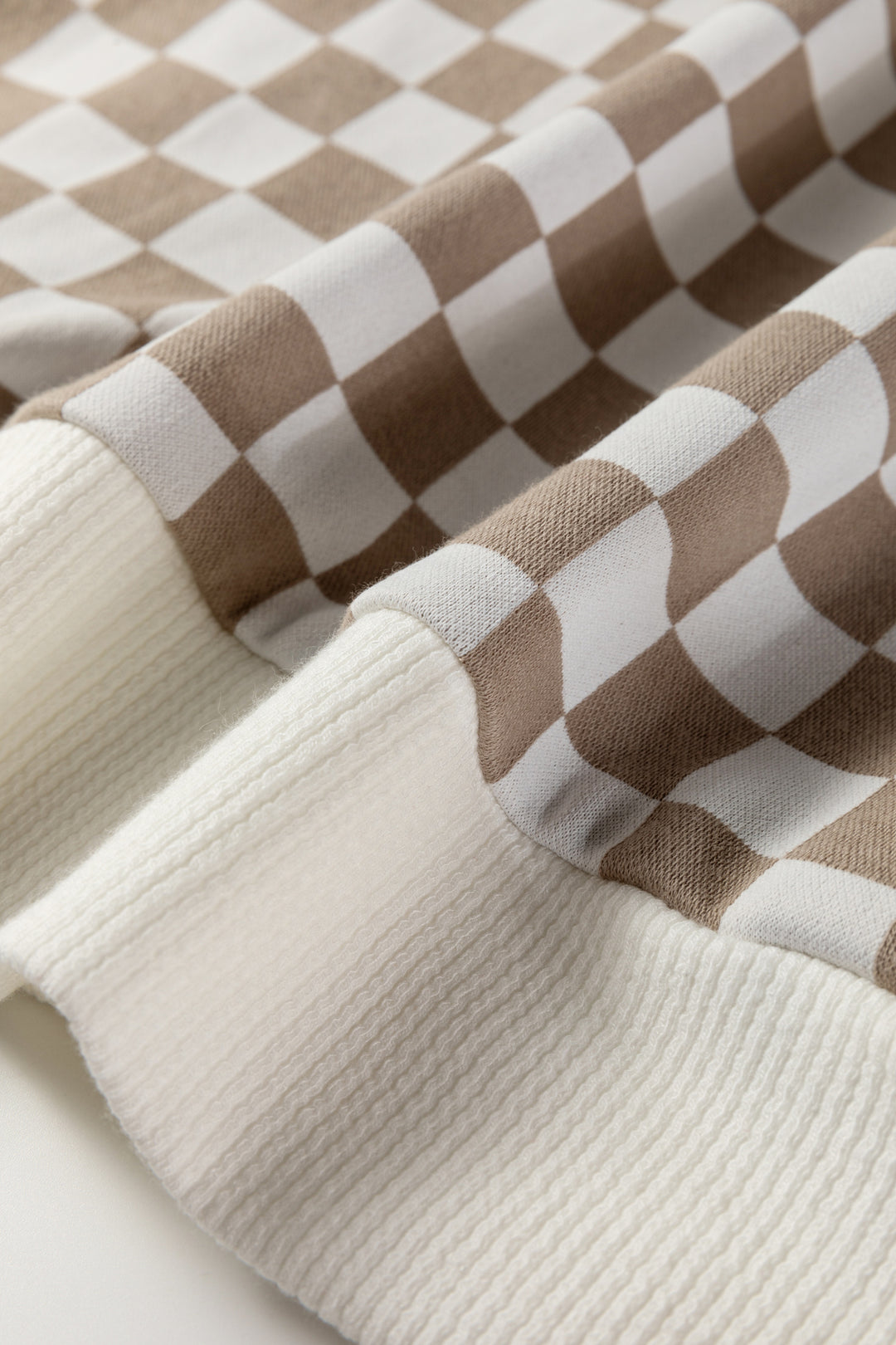 Checkered Print Quarter Zip Ribbed Patchwork Loose Sweatshirt