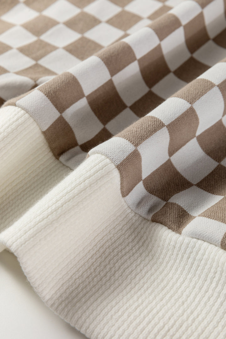 Checkered Print Quarter Zip Ribbed Patchwork Loose Sweatshirt