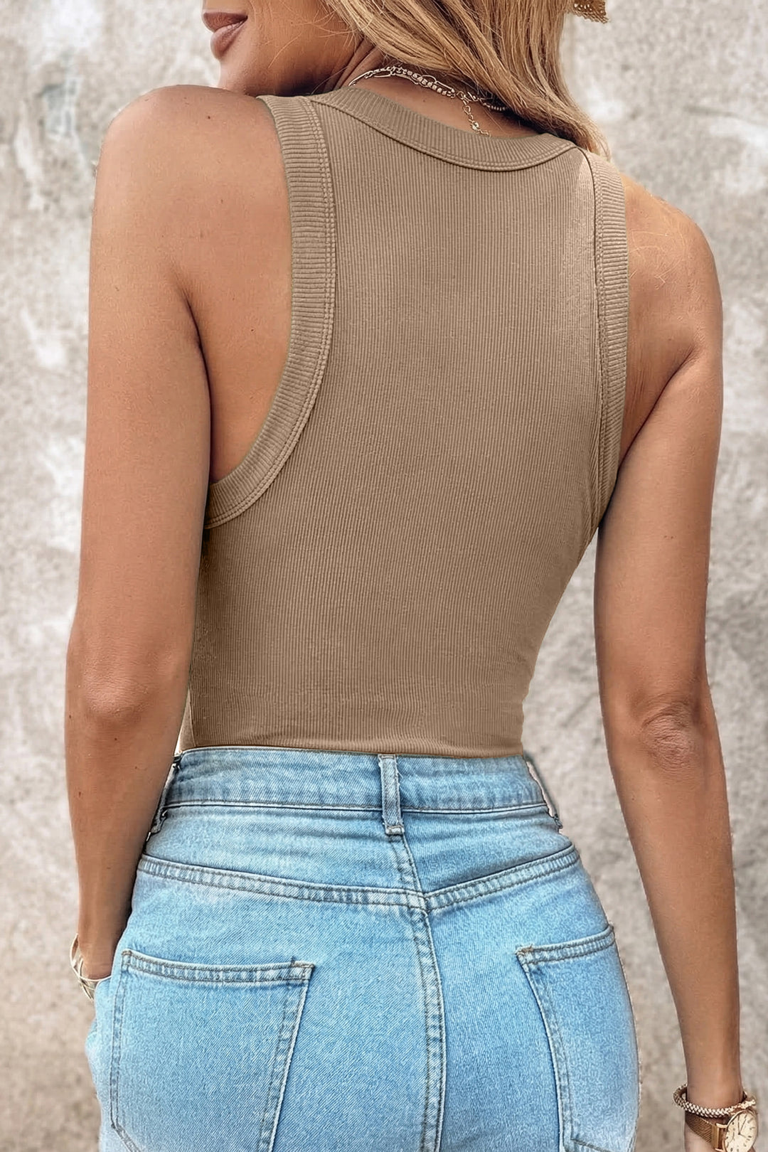 Summer Dark Khaki Slim Ribbed Padded Tank Top