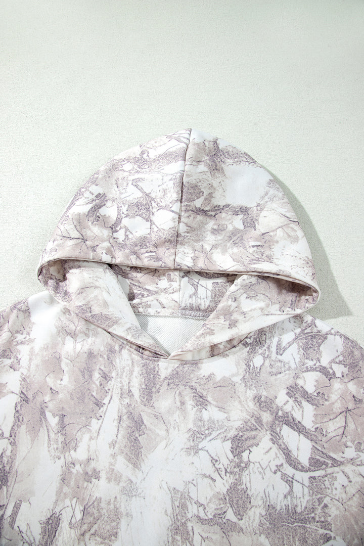Gray Abstract Print Ribbed Cuffs Hem Long Sleeve Hoodie