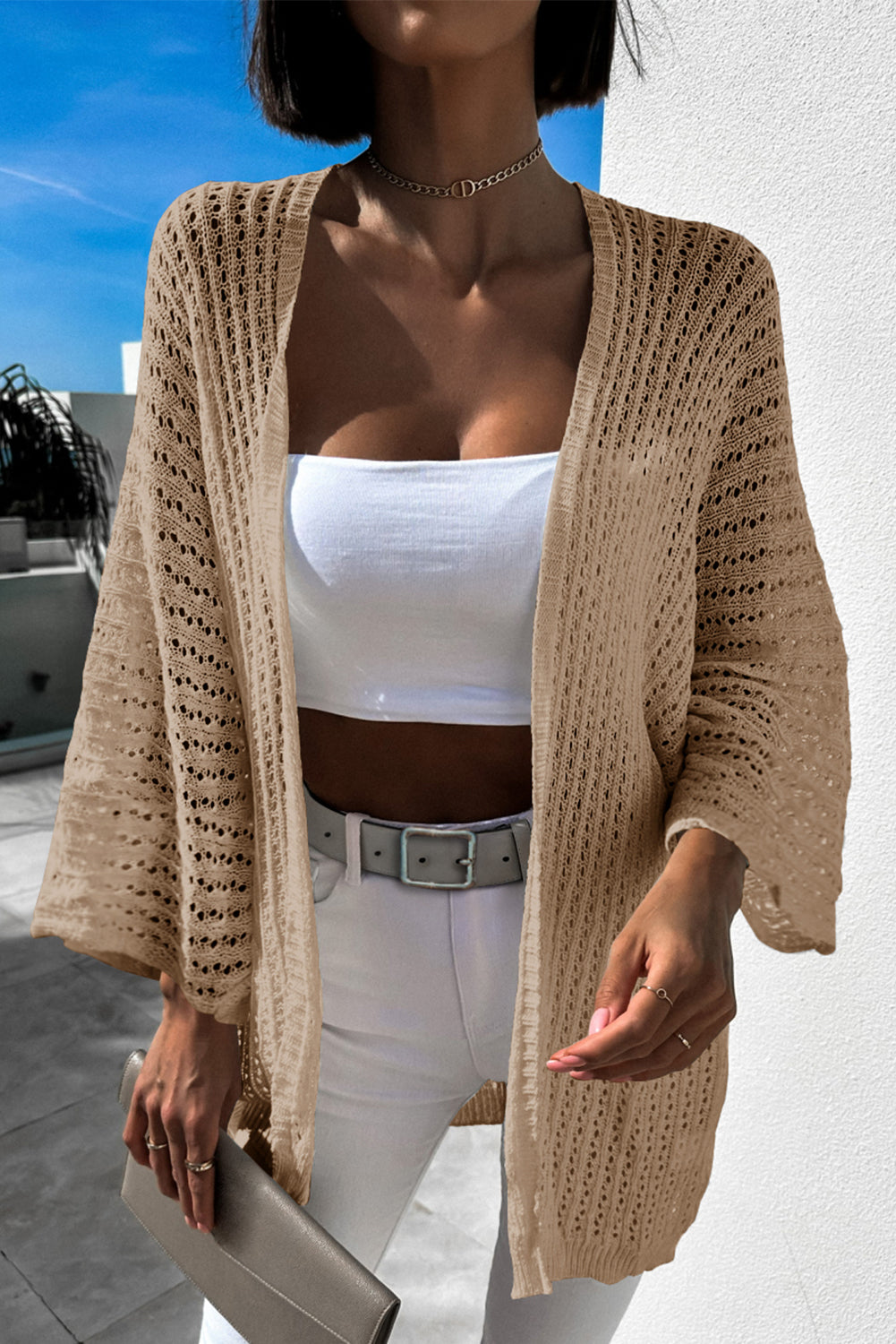 Light French Beige Solid Color Crochet Knit Open Front Tunic Sweater Cardigan