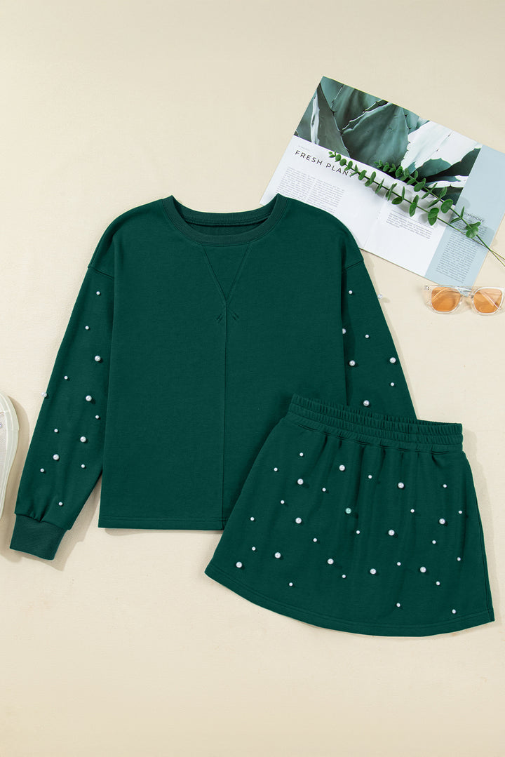 Dark Green Pearl Embellished Pullover Elastic Waist Mini Skirt Set