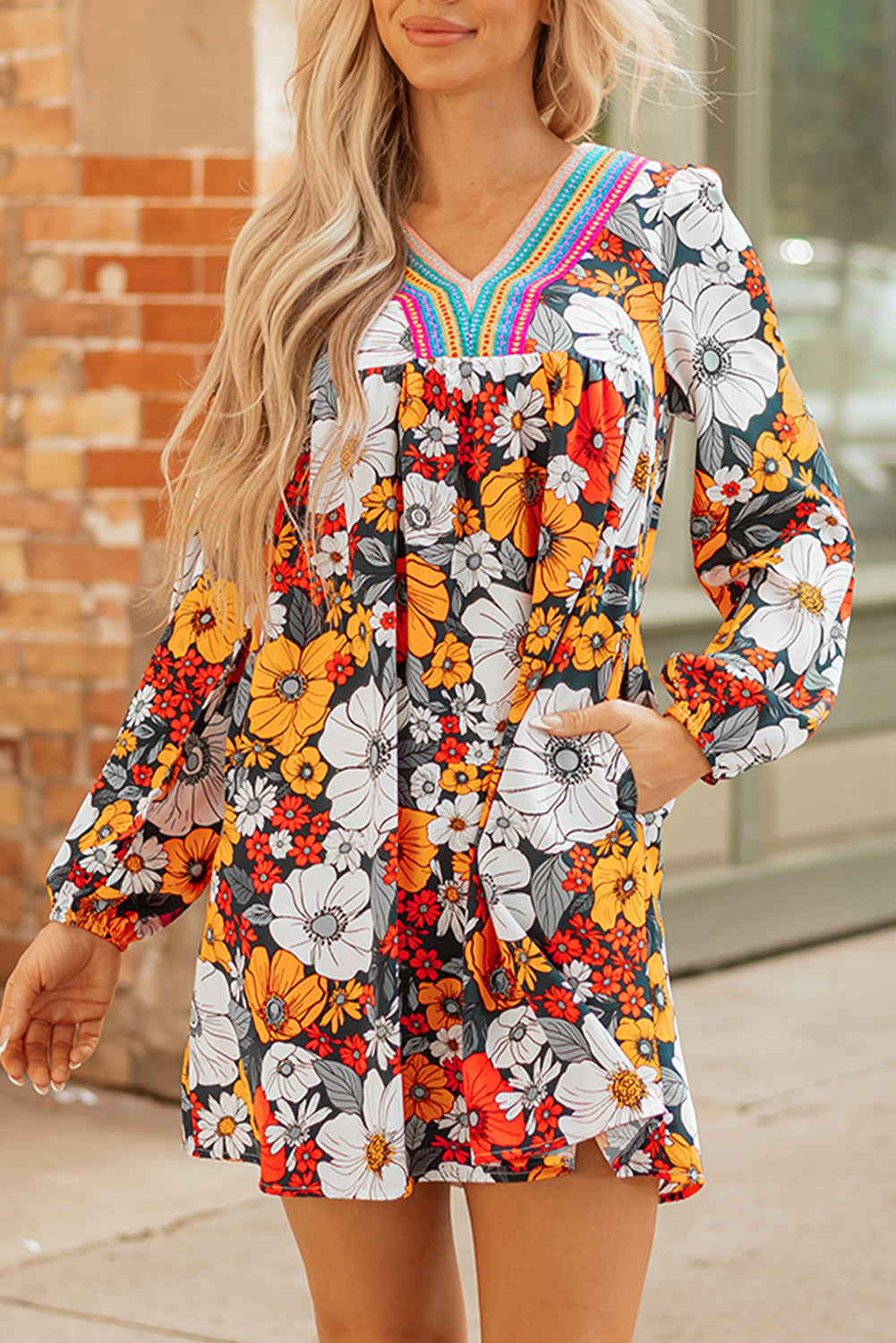 Floral Print Striped Lace V Neck Long Sleeve Mini Dress