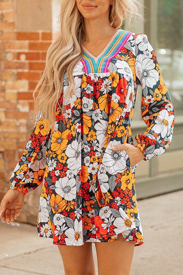 Floral Print Striped Lace V Neck Long Sleeve Mini Dress