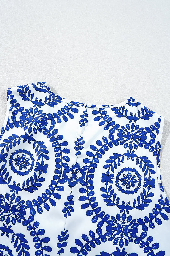 Vintage Print Pintuck Crew Neck Tank Top