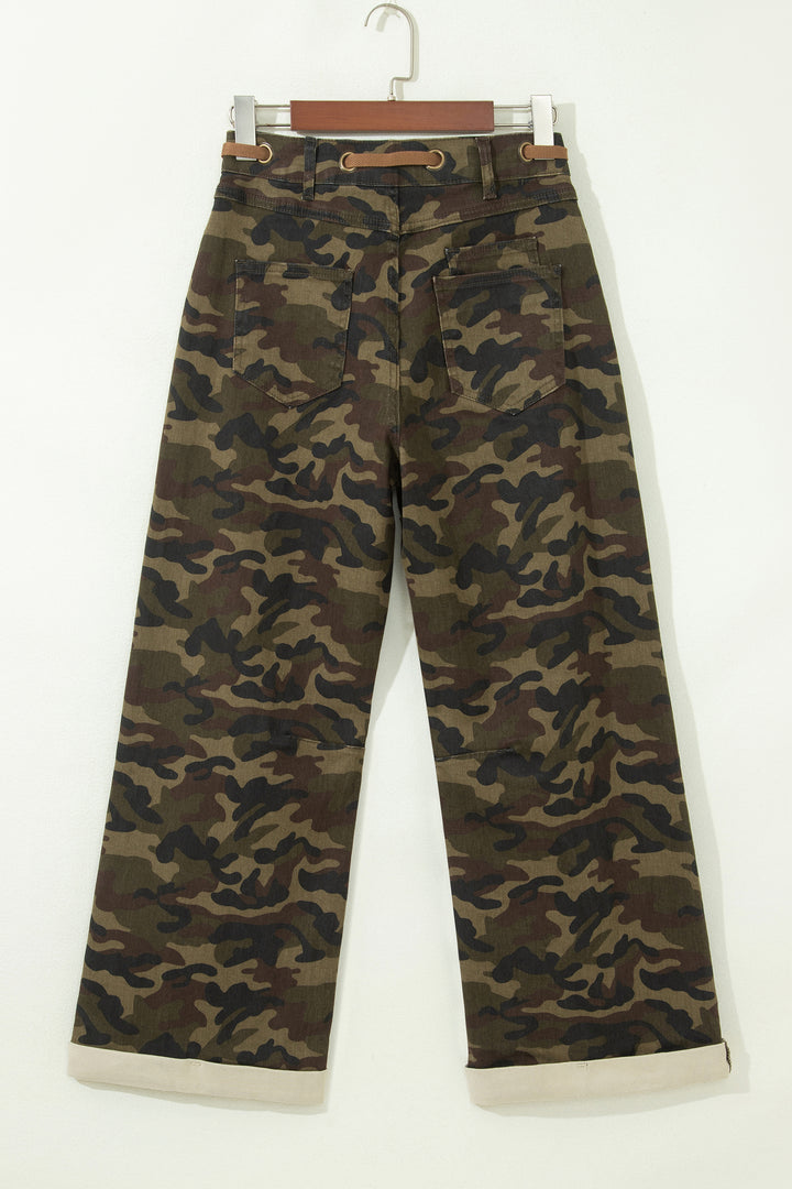 Multicolour Camouflage Print Retro Grommet Tie Waist Loose Jeans