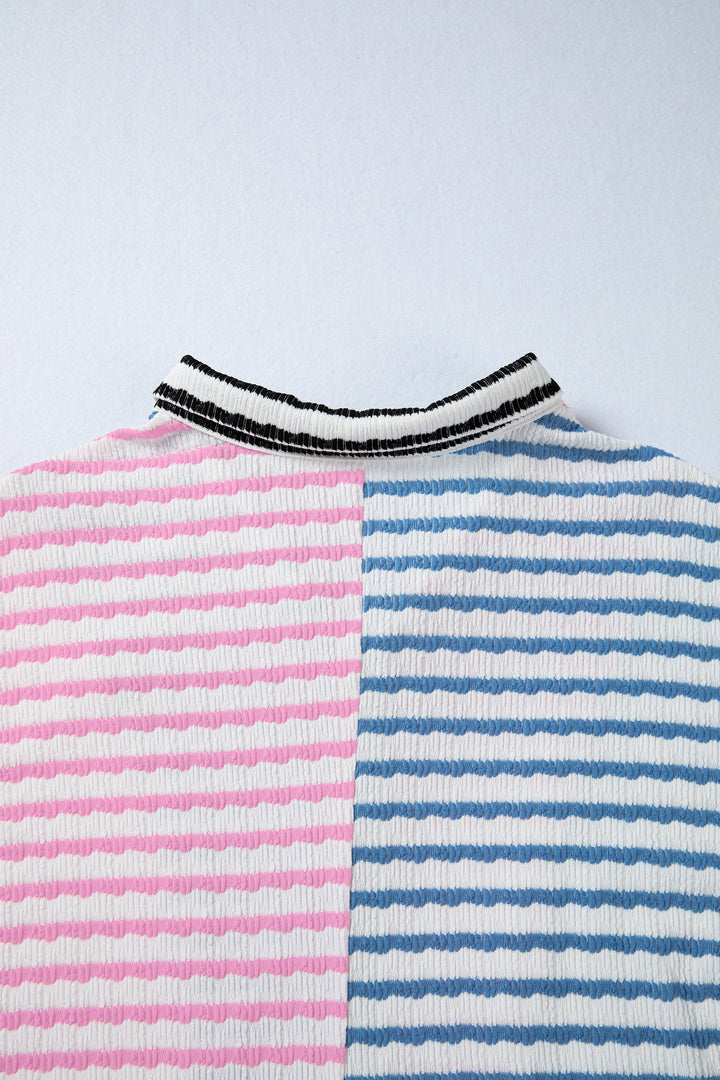 Multicolour Striped Color Block Patchwork Half Zip Drop Shoulder Long Sleeve Top