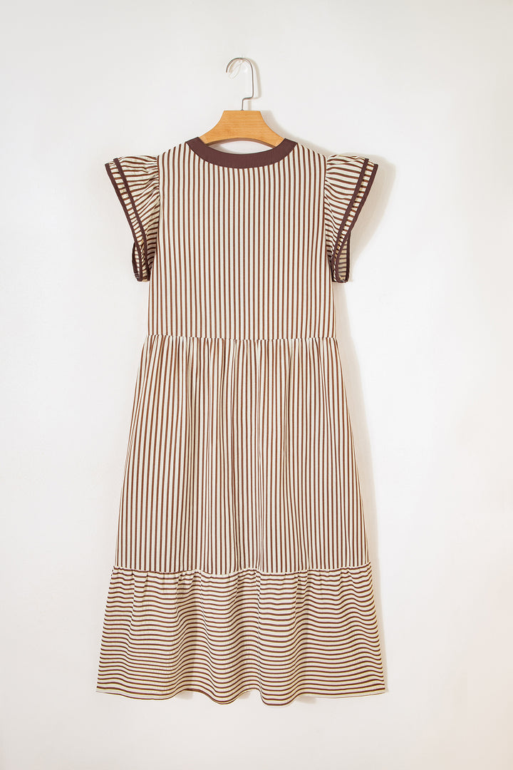 Double Ruffled Short Sleeve Contrast Trim V Neck Midi Dress