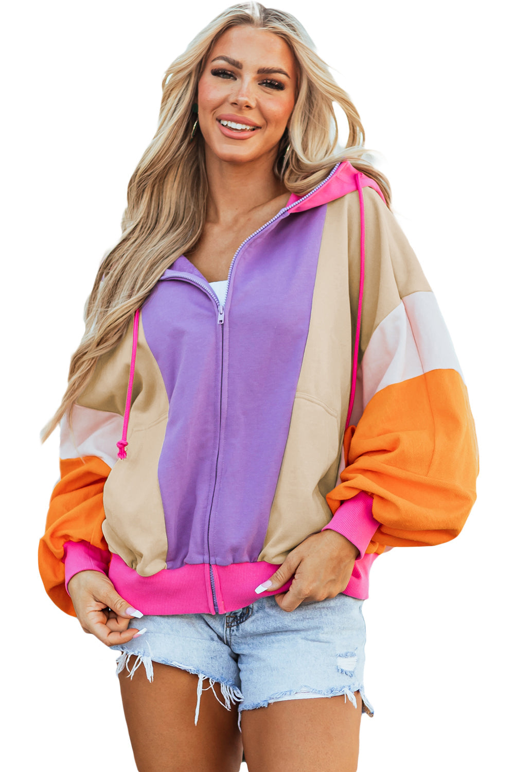 Oversized Colorblock Patchwork Full Zipped Hoodie