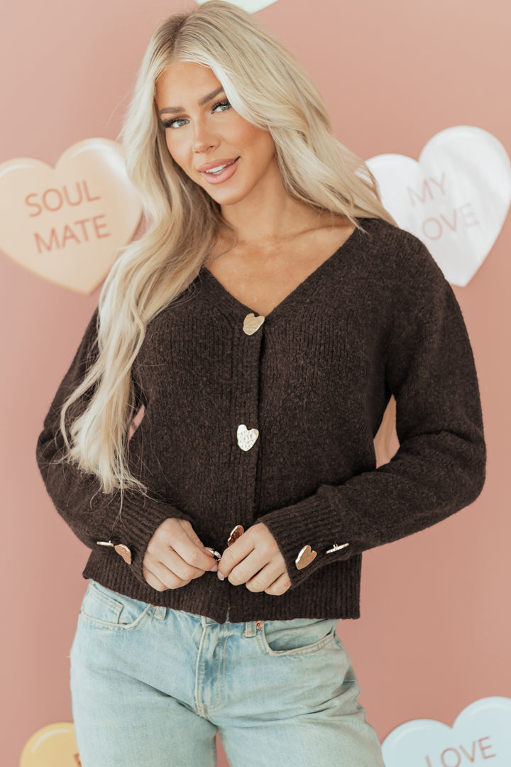 Heart Metal Button V Neck Cardigan Sweater