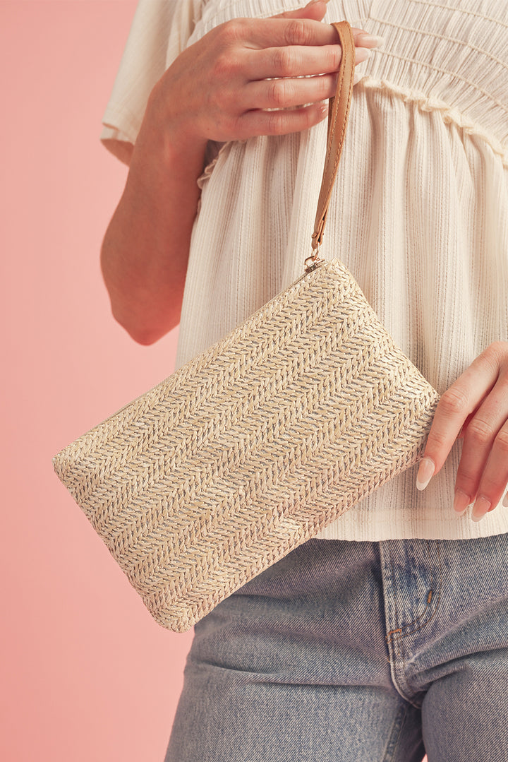 Straw Woven Wrist Strap Zipper Large Wallet