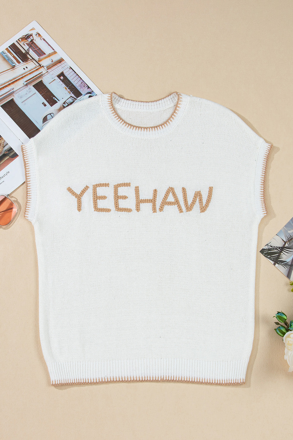 Knitted YEEHAW Stitch Edge Crew Neck Sweater T Shirt
