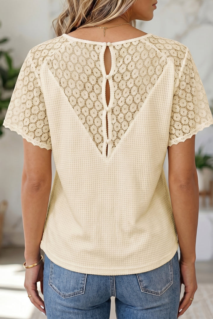 Beige Lace Splicing Button Cutout V Neck Waffle Knit Blouse
