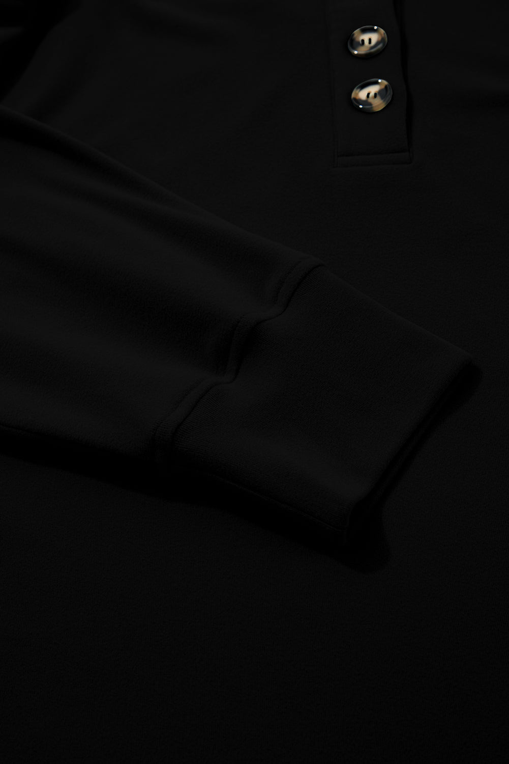 Black Solid Button Placket Crew Neck Plus Size Sweatshirt