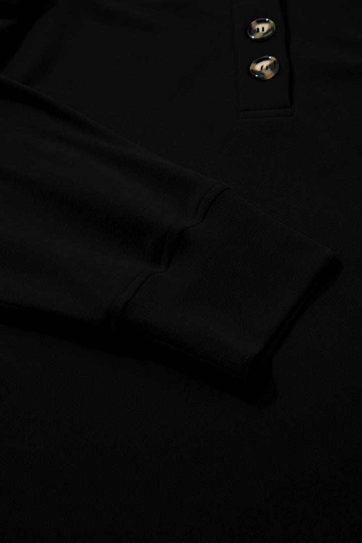 Black Solid Button Placket Crew Neck Plus Size Sweatshirt