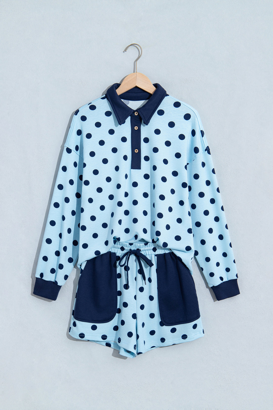 Sky Blue Polka Dot Drop Shoulder Polo Loose Pullover Patch Pocket Casual Shorts Set
