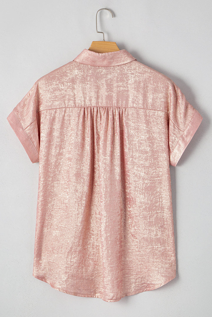 Metallic Buttoned Loose Fit Short Sleeve Shirt