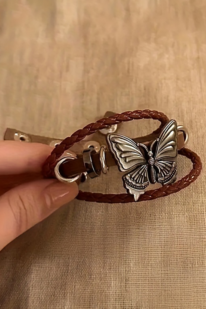 Bracelet à bouton-pression tressé en similicuir exotique avec décor papillon rétro 