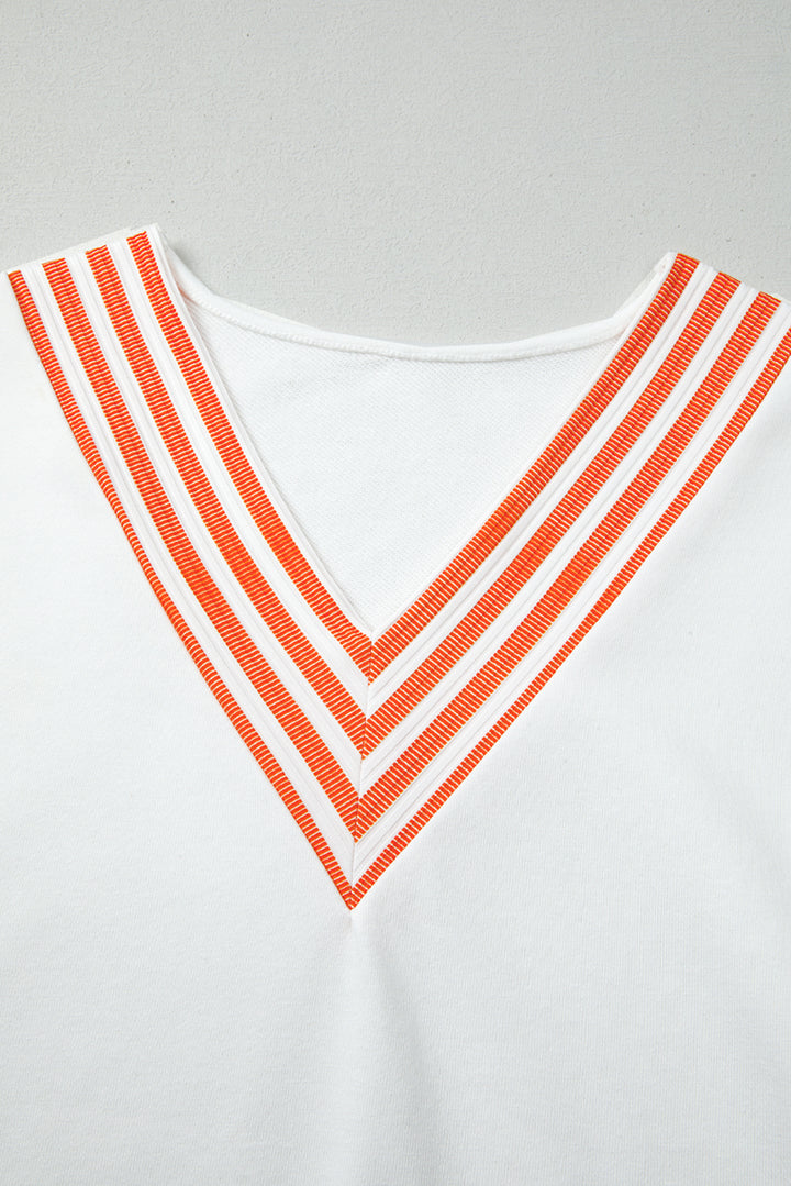 Orange Stripe  V Neck Drop Shoulder Patchwork Long Sleeve Top