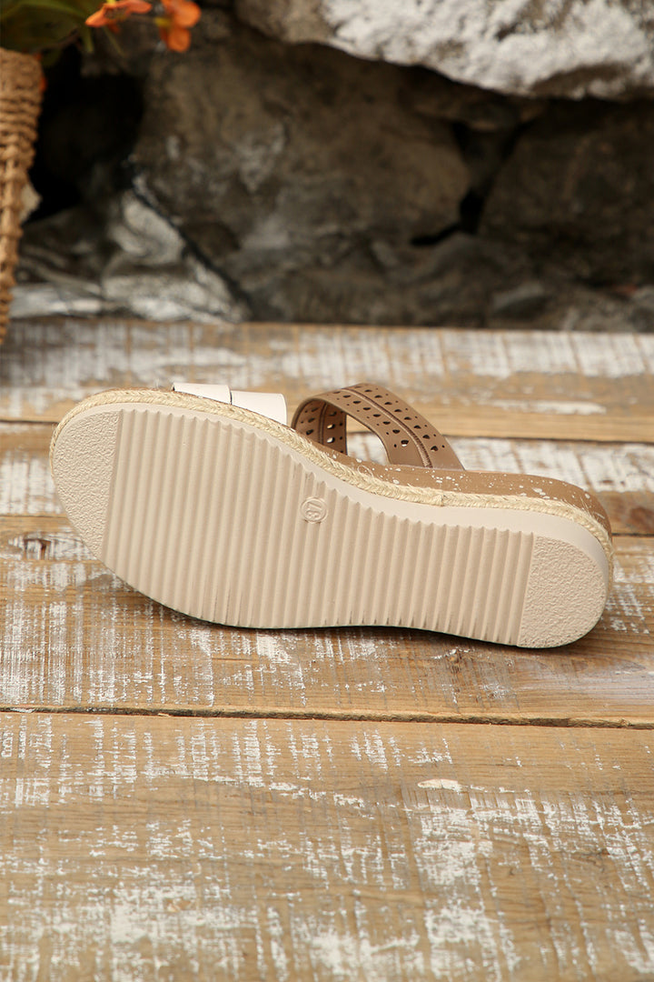Coffee Hollowed Detail Color Block Straps Platform Wedge Slippers