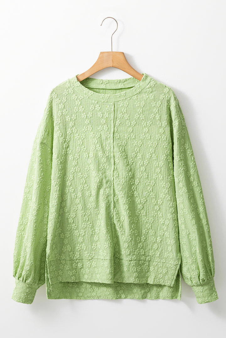 Light Green Solid Color Textured Side Split Crew Neck Top
