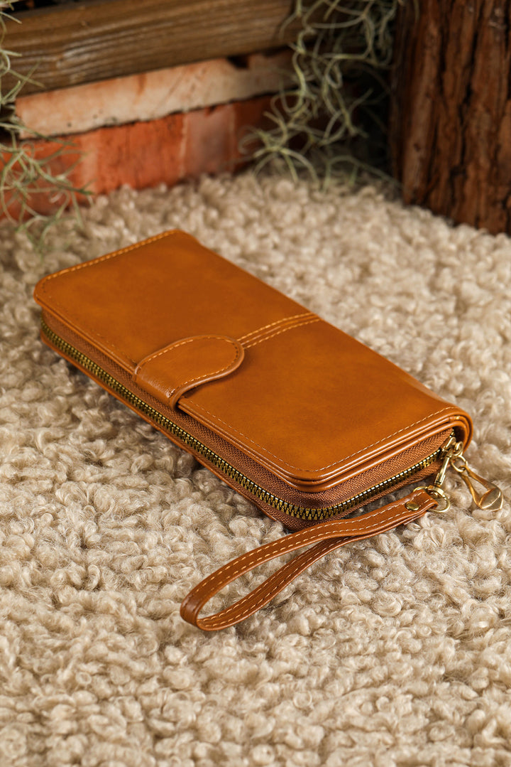 Faux Leather Zip Around Wrist Strap Long Wallet