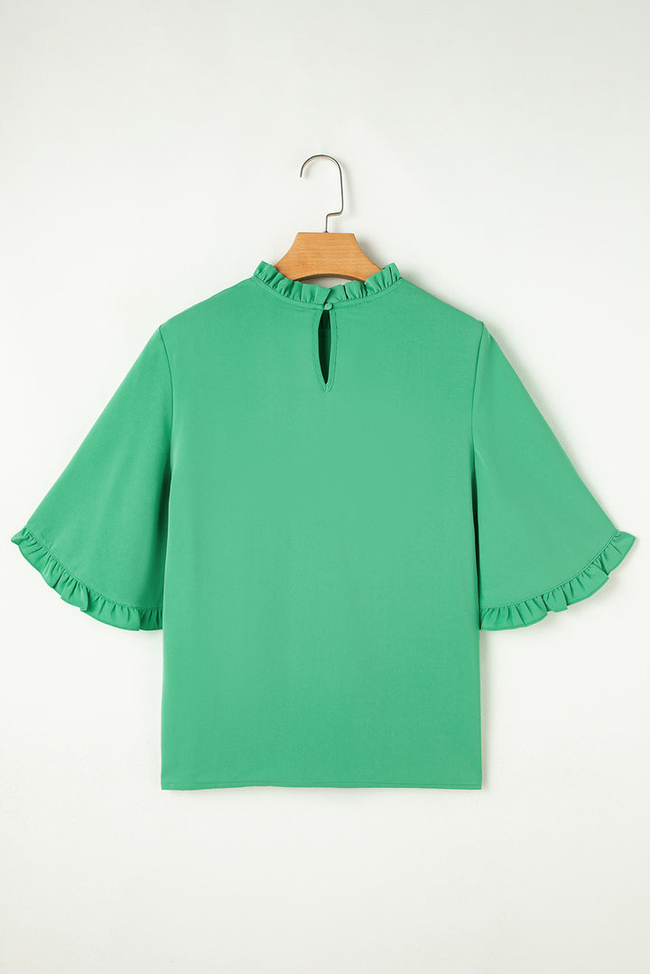 Frilly Round Neck Wide Half Sleeve Blouse