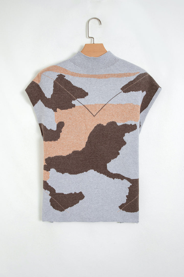 Gray Camouflage Pattern Drop Shoulder High Neck Short Sleeve Shift Sweater