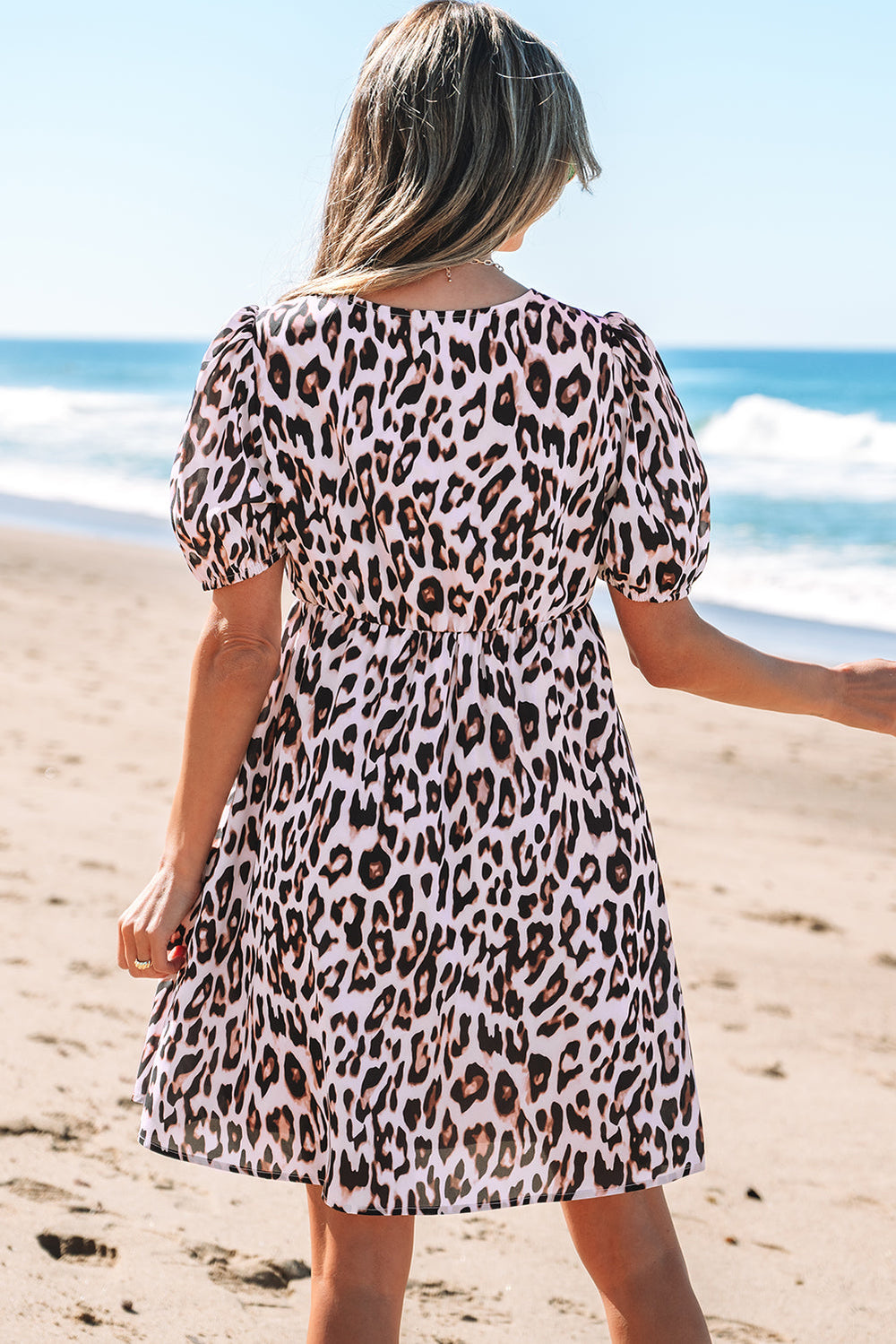 Leopard Tied Front Keyhole Puff Short Sleeve Mini Dress