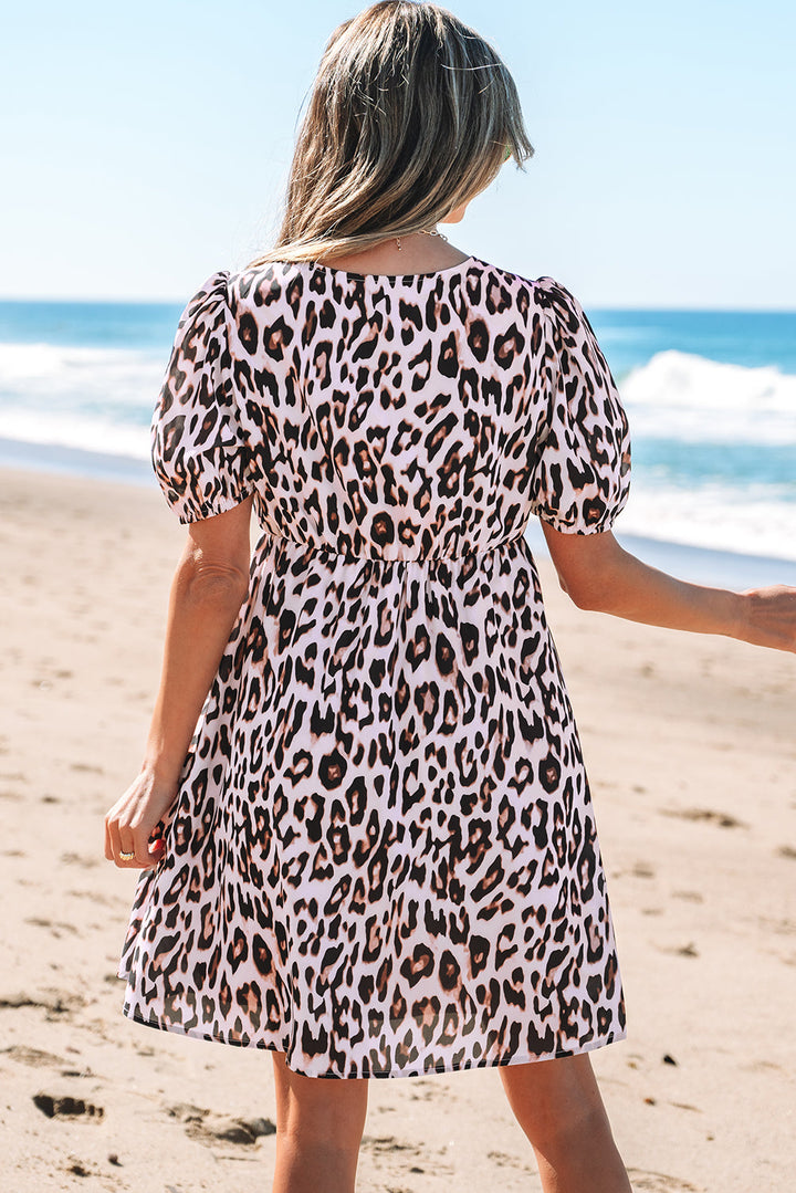 Leopard Tied Front Keyhole Puff Short Sleeve Mini Dress