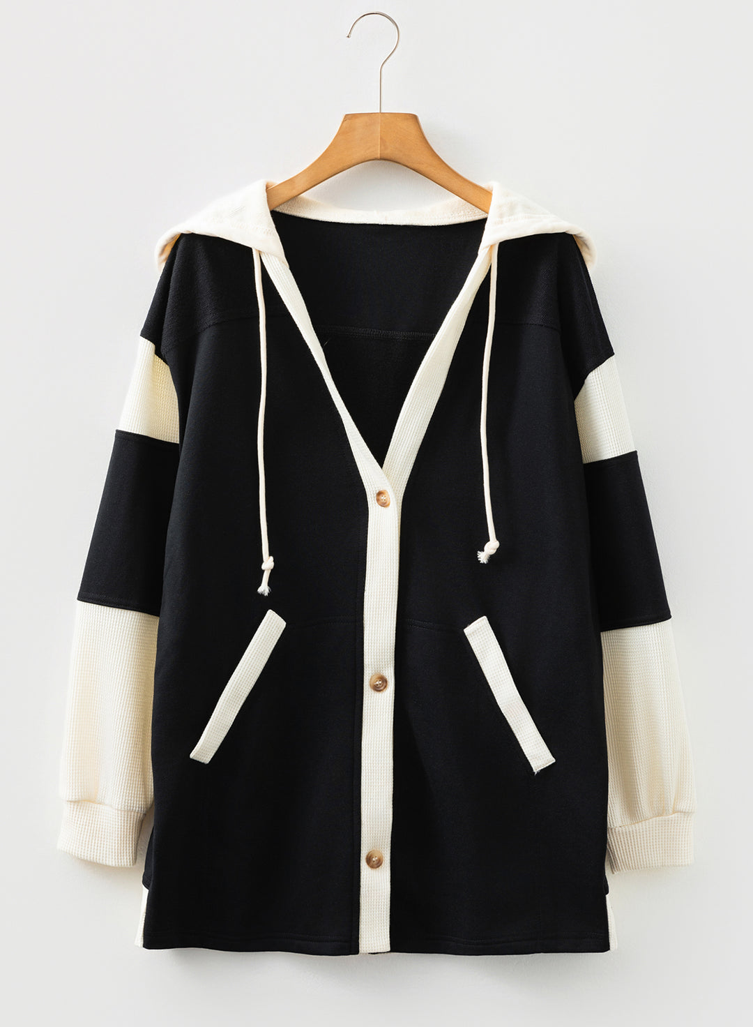 Black Waffle Contrast Knit Color Block Patchwork Button Front Oversize Hoodie