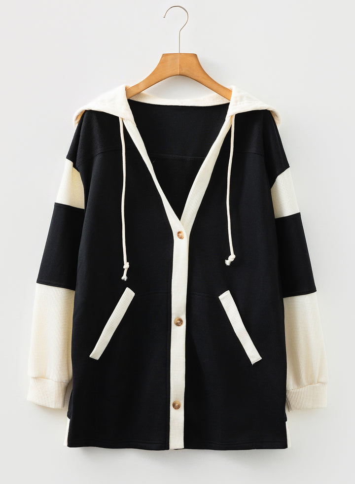 Black Waffle Contrast Knit Color Block Patchwork Button Front Oversize Hoodie
