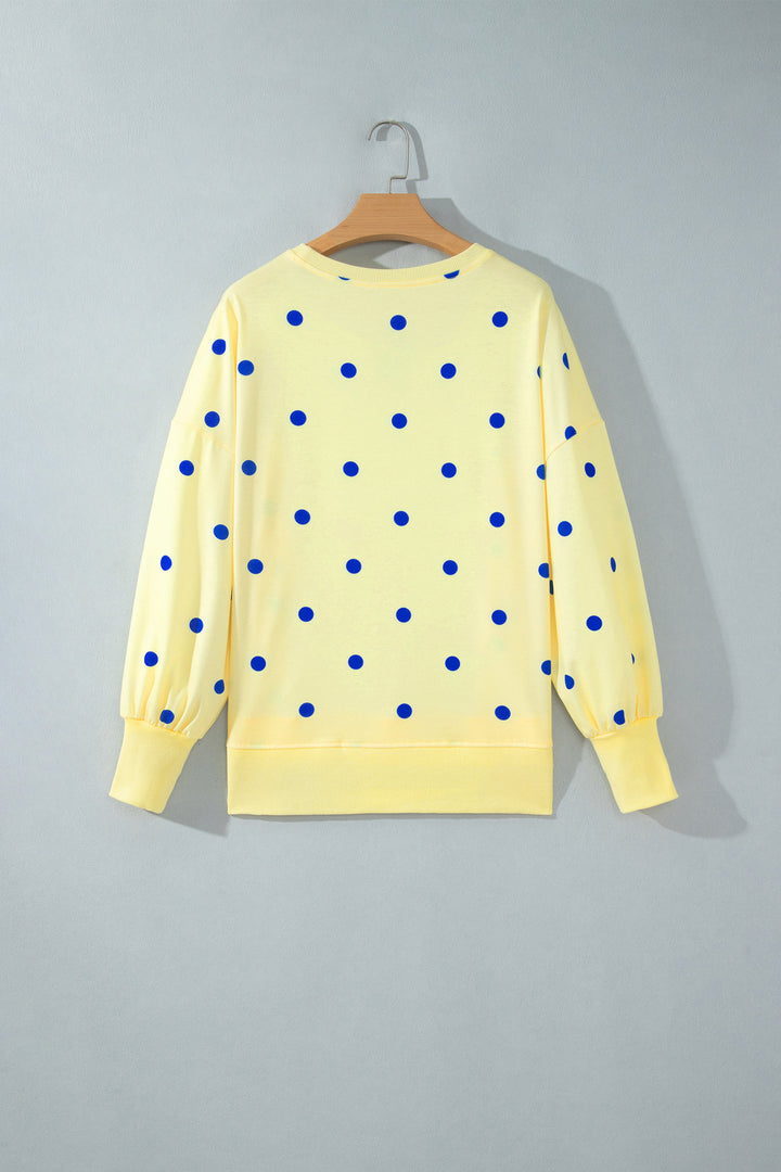 Yellow Polka Dot Loose Long Sleeve Split Hem Pullover Top
